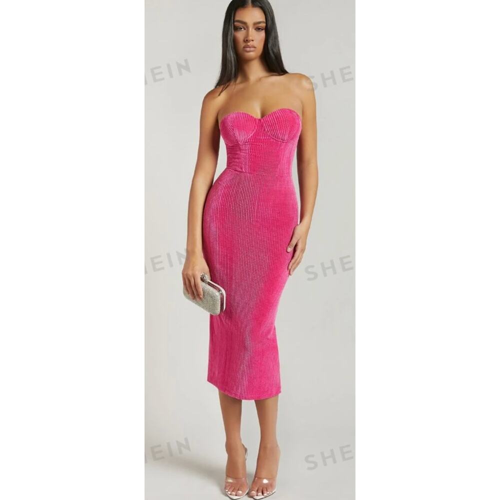 BARBIECORE Shein Midi Bodycon Dress – Sweetheart Neck Pink – Size S NWT